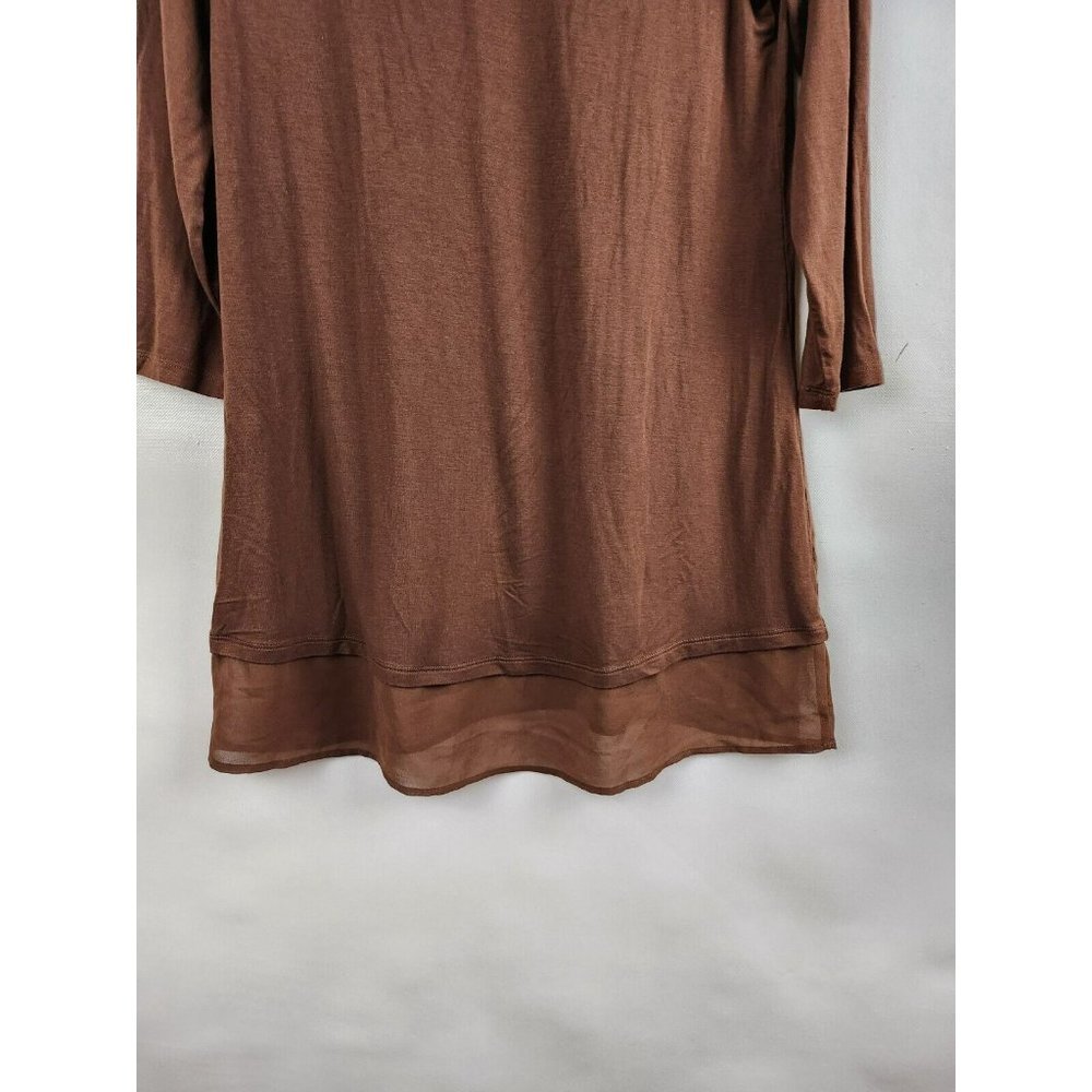 LOGO Lori Goldstein Brown Chiffon Hem 3/4 Sleeve V-Neck Tunic Top Size XS - Picture 5 of 10